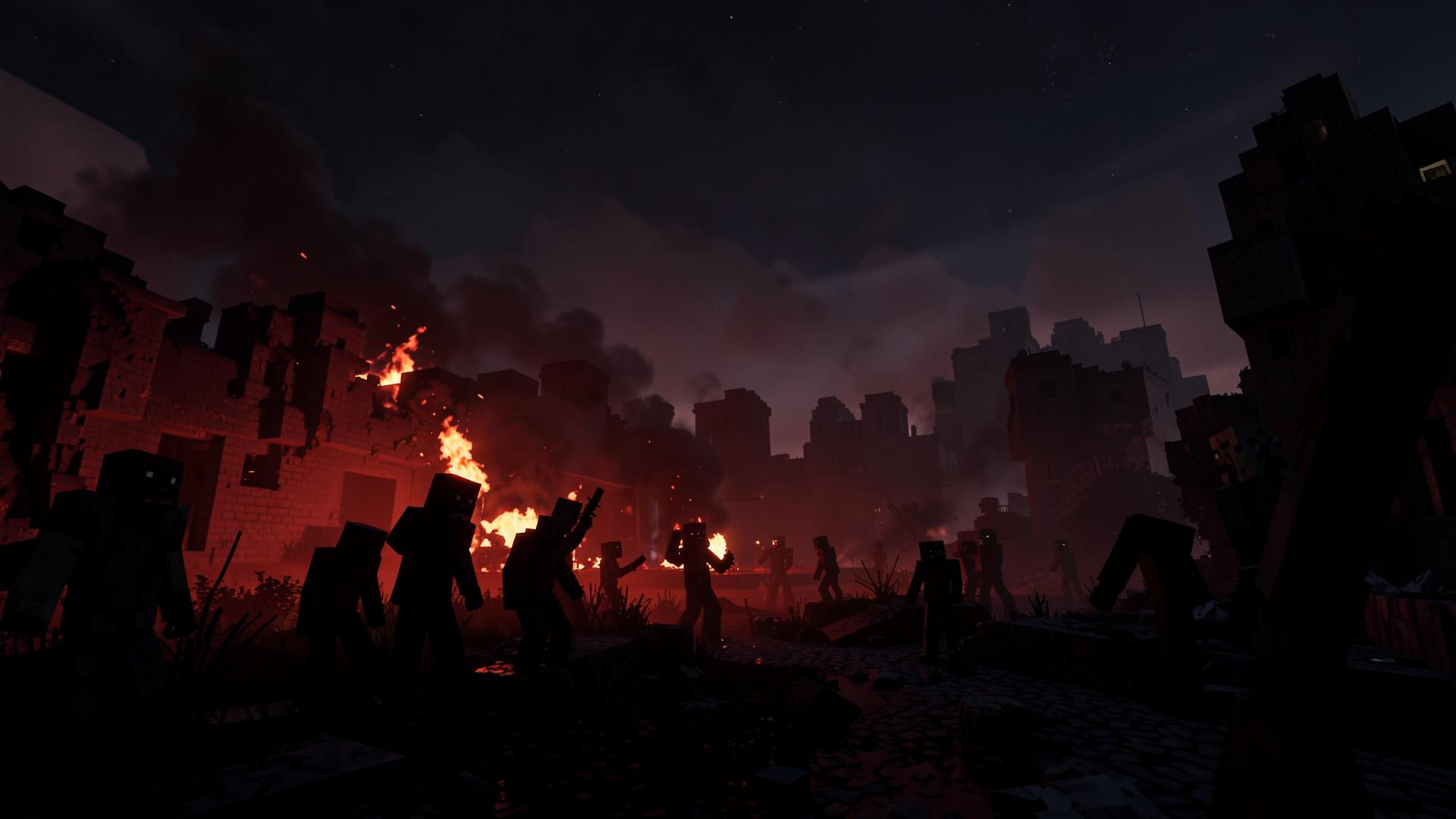 Cidade destruída em Minecraft com zumbis e fogo